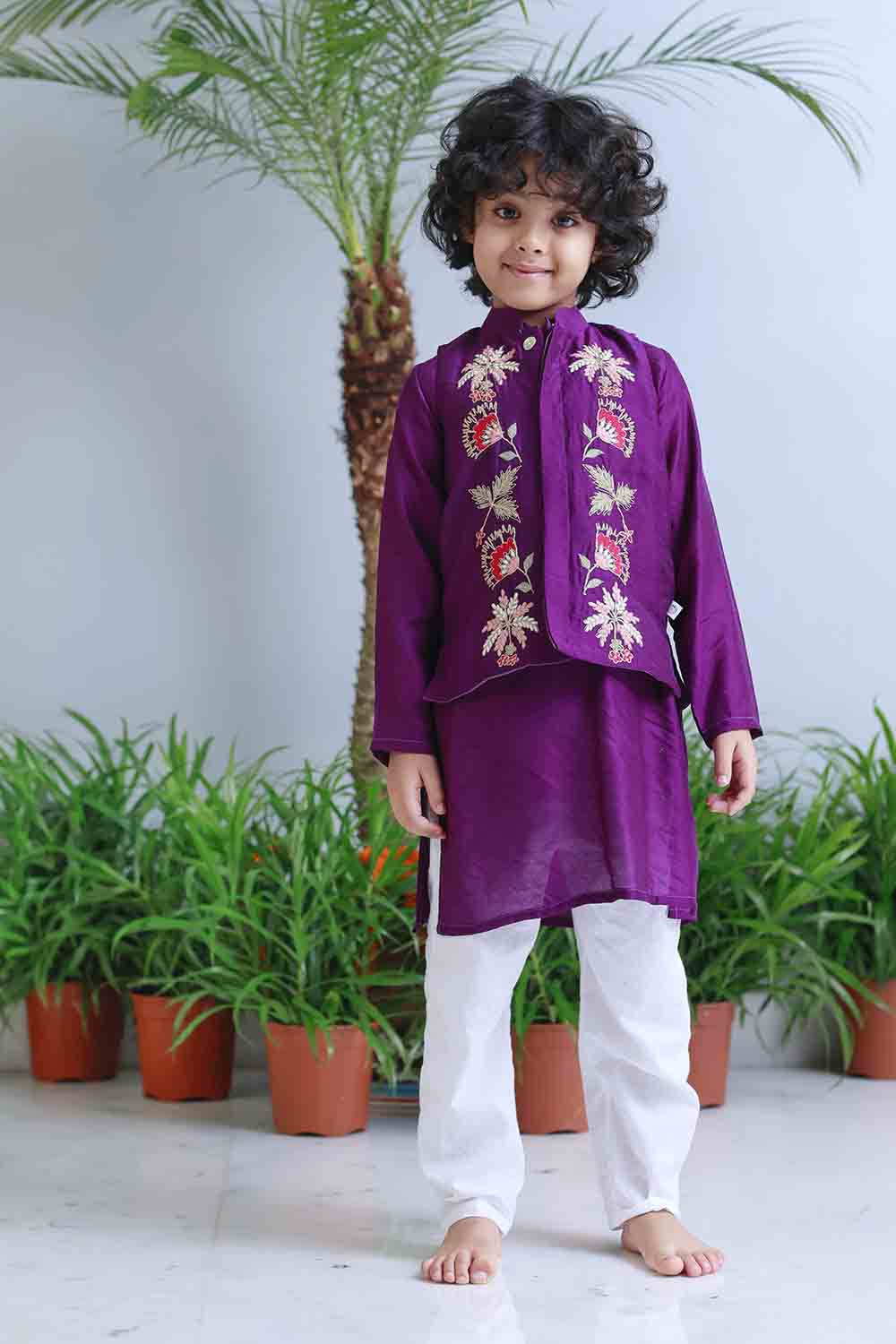 Purple traditional embroidered kurta set for infant boys