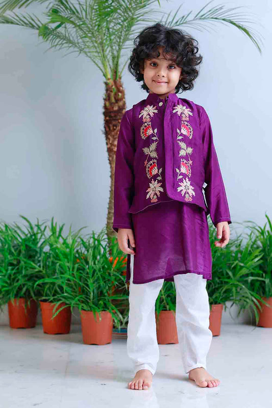 Purple traditional embroidered kurta set for infant boys