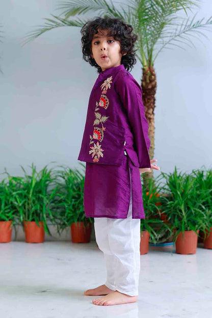 Purple traditional embroidered kurta set for infant boys