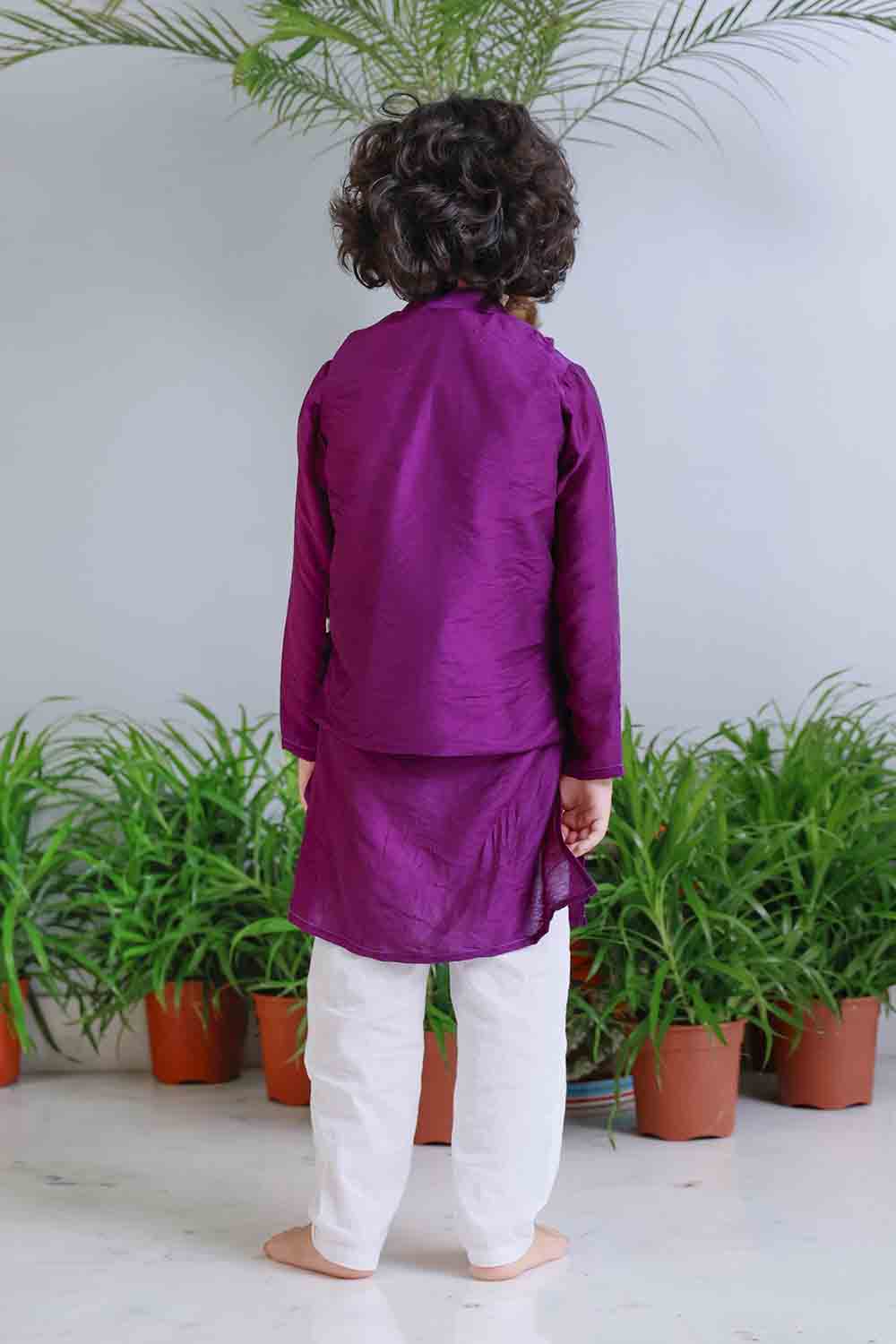 Purple traditional embroidered kurta set for infant boys
