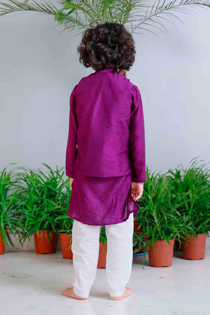 Purple traditional embroidered kurta set for infant boys
