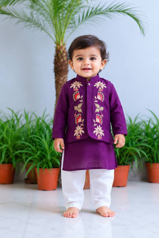 Purple traditional embroidered kurta set for infant boys