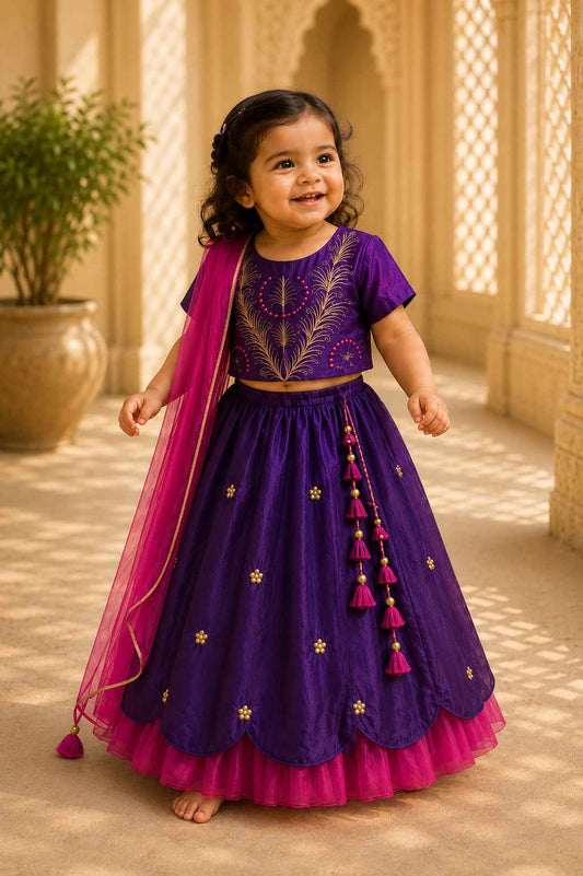 Purple embroidered lehenga set for infant girls