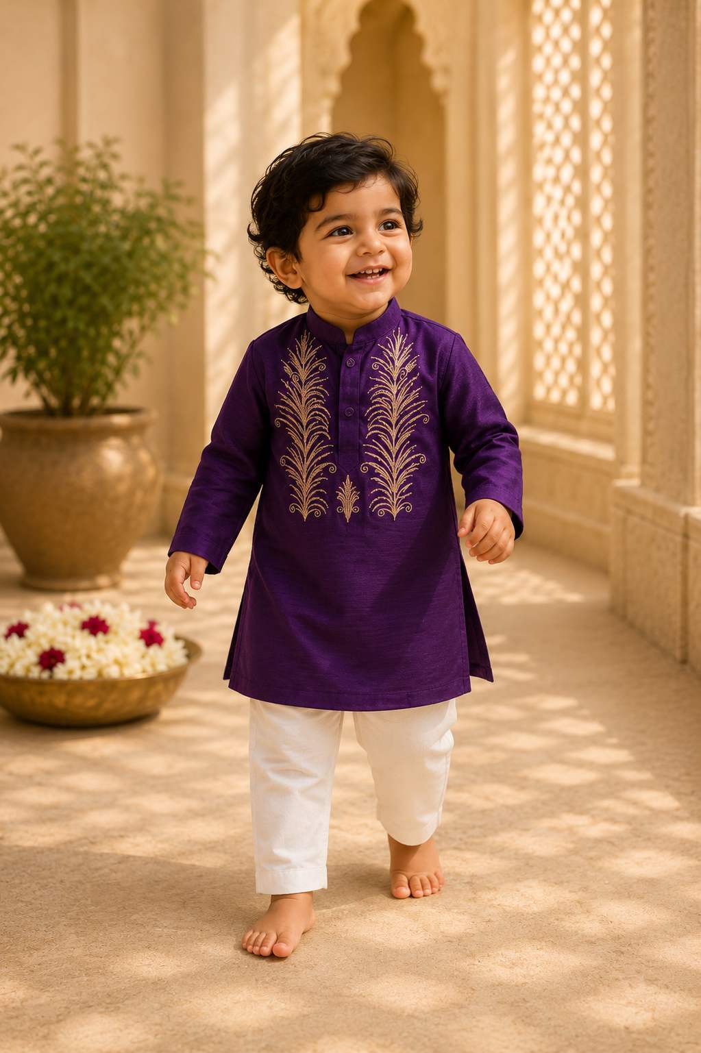 Purple Embroidered kurta set for infant boys