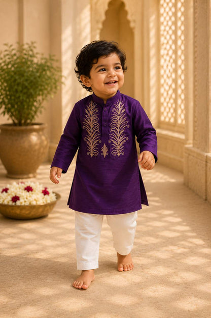 Purple Embroidered kurta set for infant boys