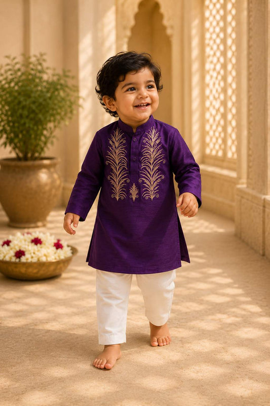 Purple Embroidered kurta set for infant boys