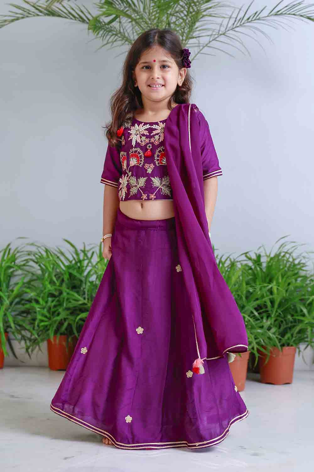 Purple traditional embroidered lehnga set for infant girls