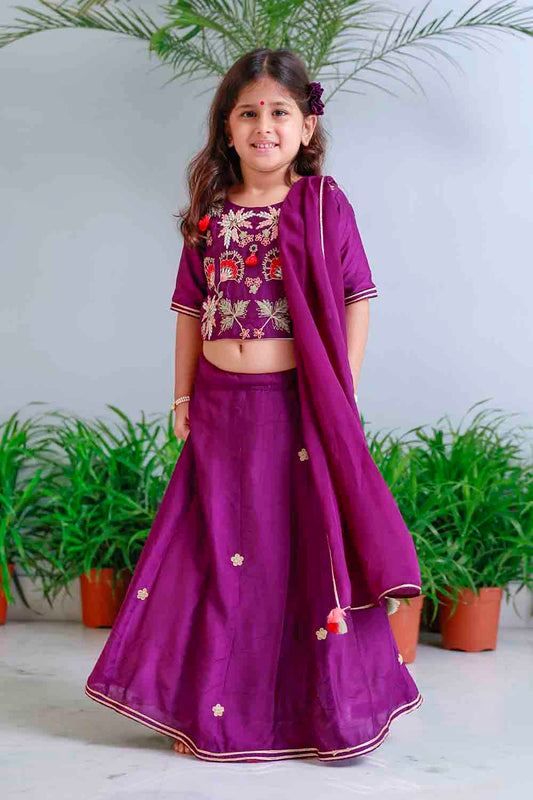 Purple traditional embroidered lehnga set for infant girls