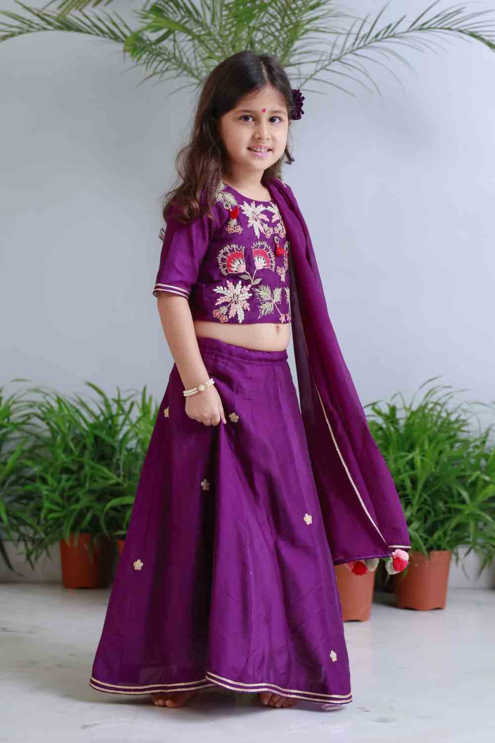 Purple traditional embroidered lehnga set for infant girls