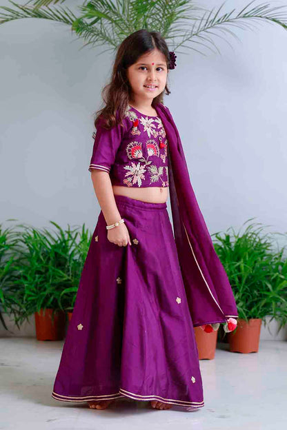 Purple traditional embroidered lehnga set for infant girls