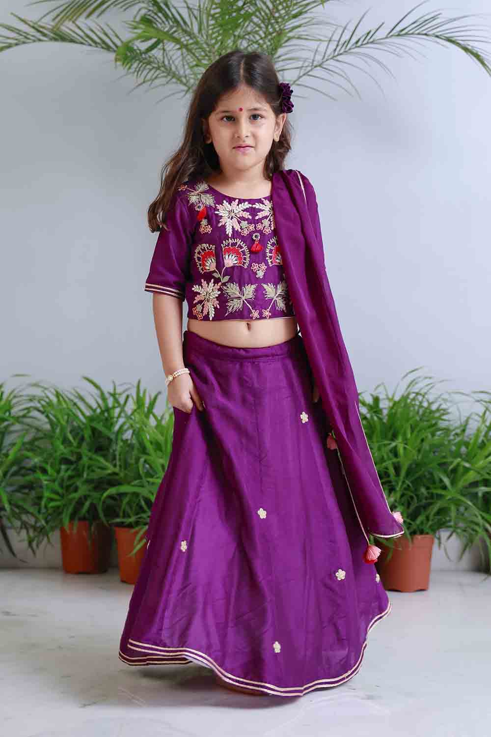 Purple traditional embroidered lehnga set for infant girls
