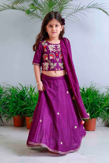 Purple traditional embroidered lehnga set for infant girls