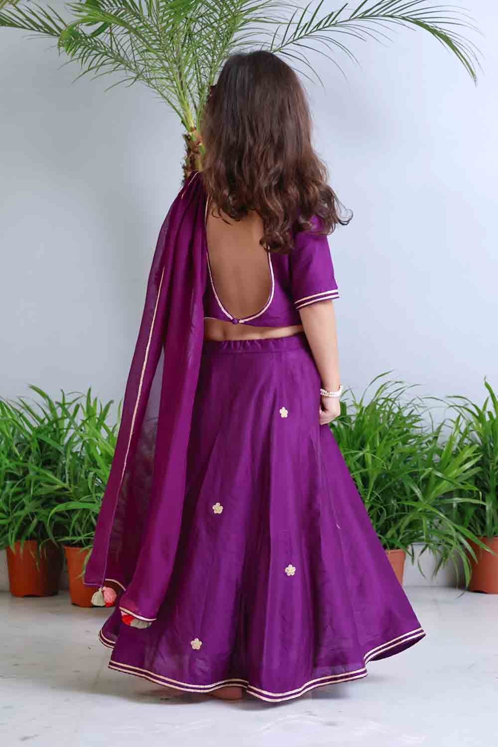 Purple traditional embroidered lehnga set for infant girls