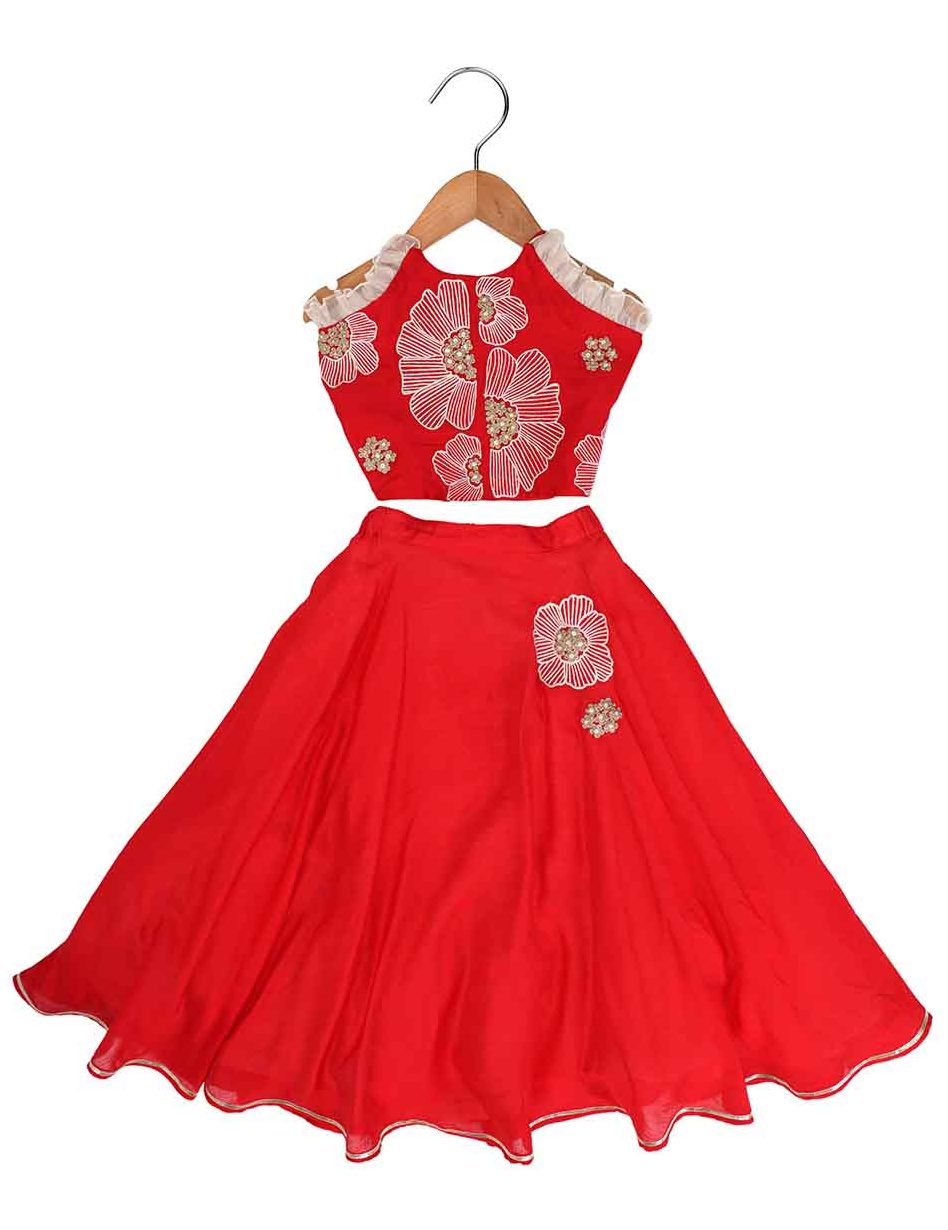 red halter floral embroidery lehnga-1