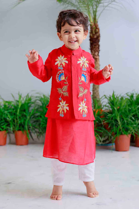 Red traditional embroidered kurta set for infant boys