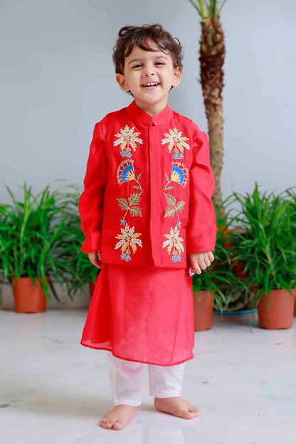 Red traditional embroidered kurta set for infant boys