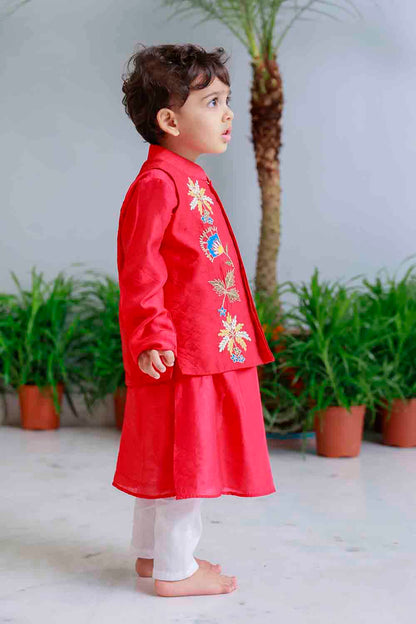 Red traditional embroidered kurta set for infant boys