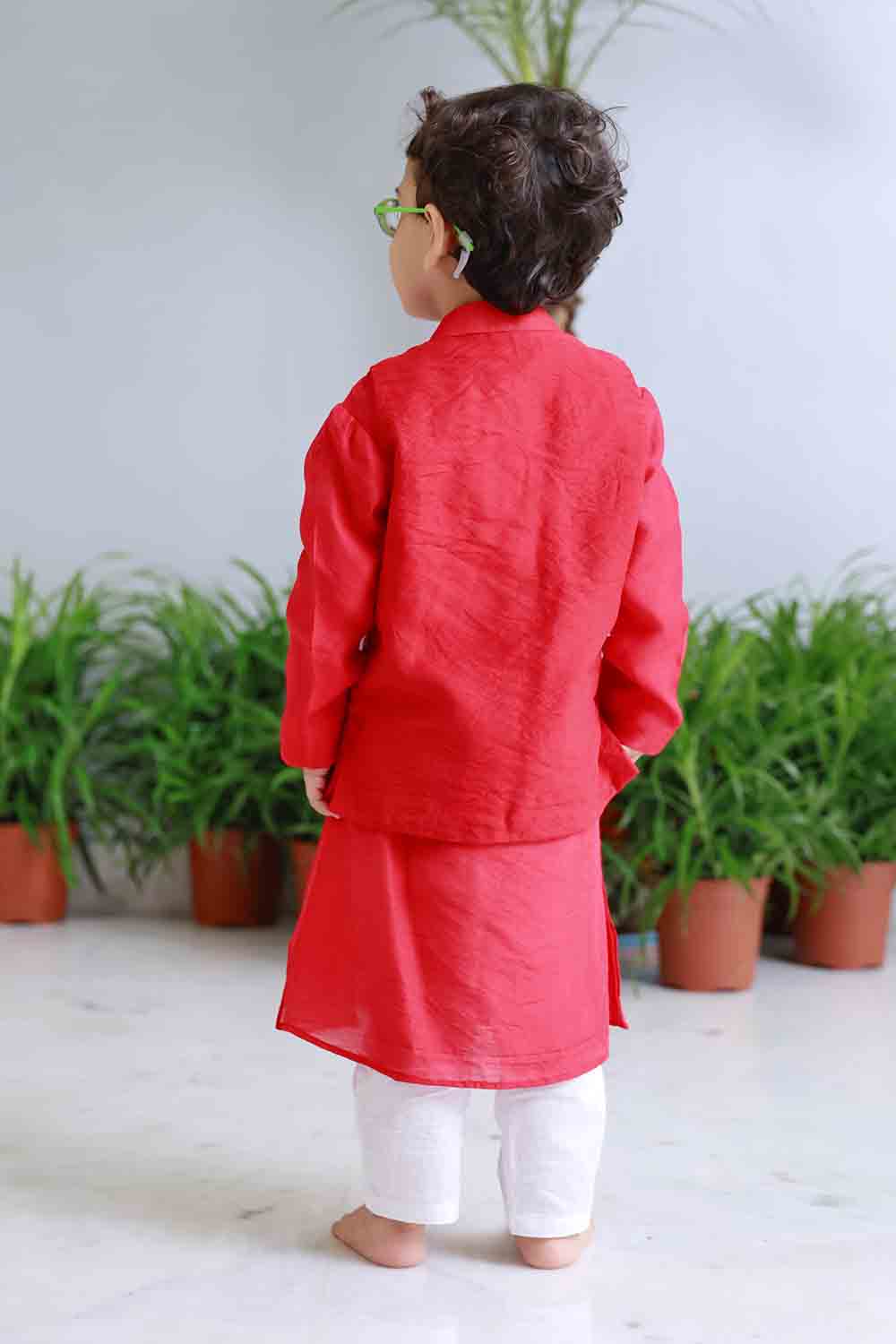 Red traditional embroidered kurta set for infant boys