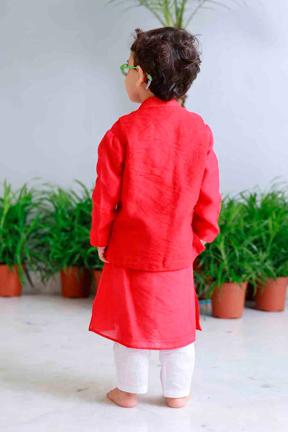 Red traditional embroidered kurta set for infant boys