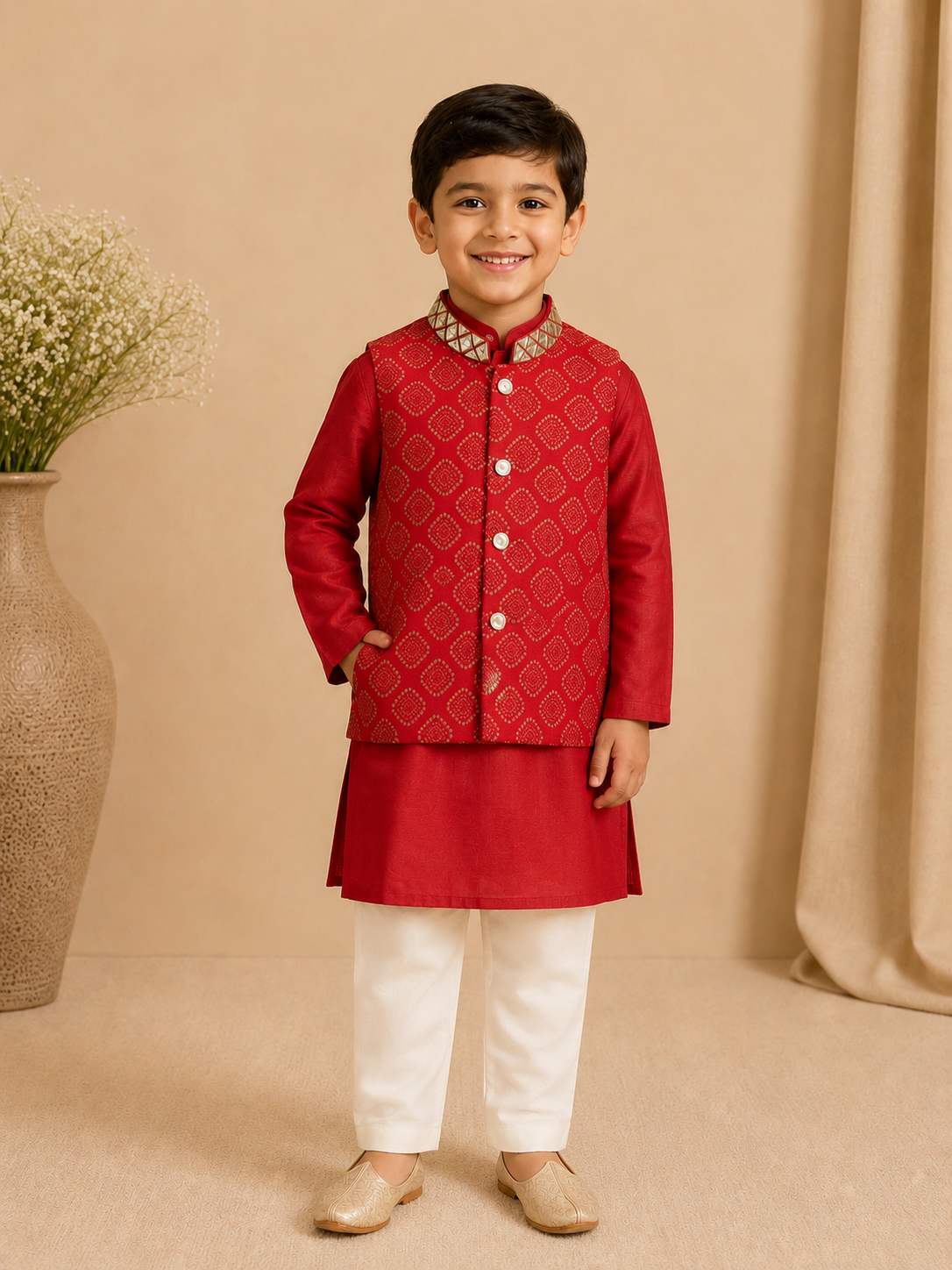 Red gold print bandhgala set for boys