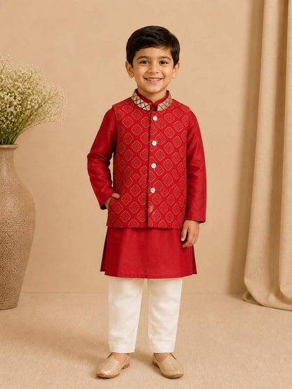 Red gold print bandhgala set for boys