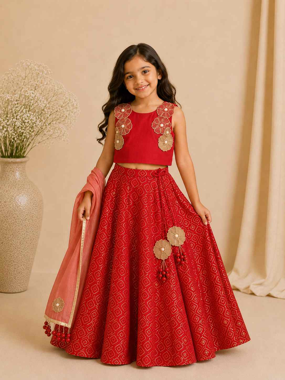 Red 3D foral lehnga set for girls