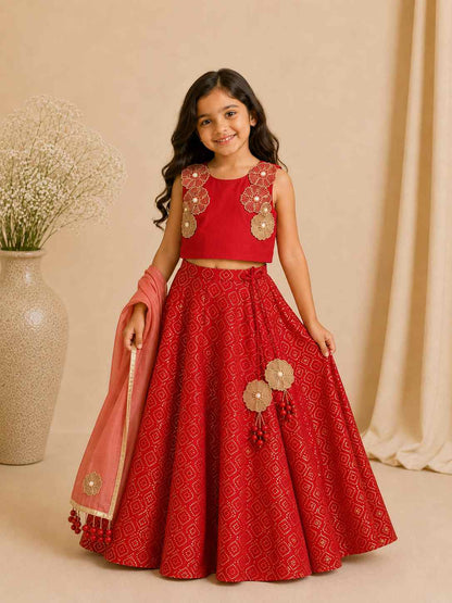 Red 3D foral lehnga set for girls