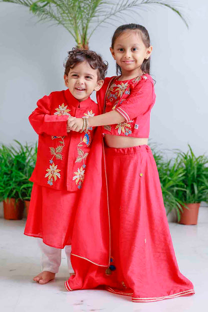 Red traditional embroidered kurta set