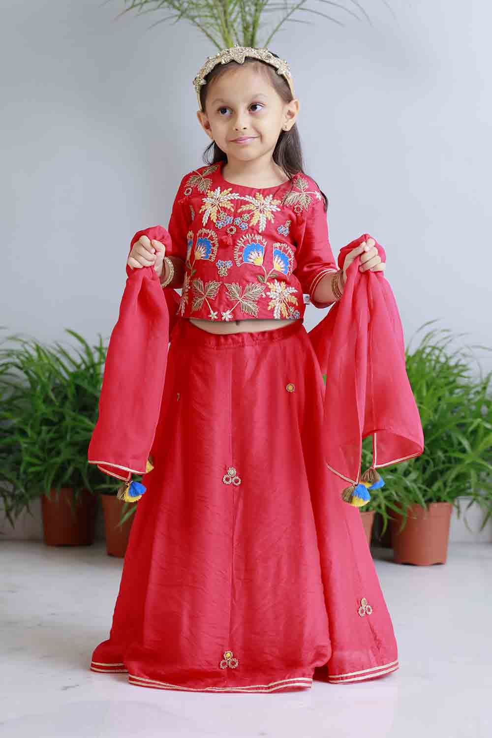 Red traditional embroidered lehnga set for infant girls