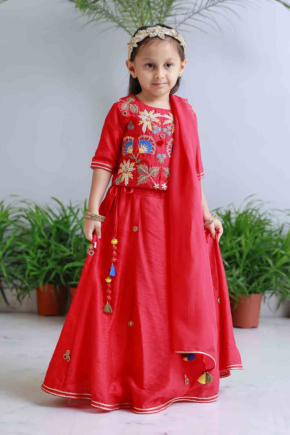 Red traditional embroidered lehnga set for infant girls