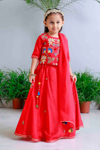 Red traditional embroidered lehnga set for infant girls