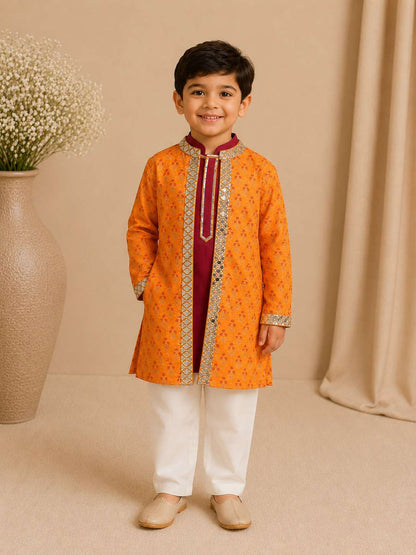 Saffron mirror embroidered sherwani set for boys