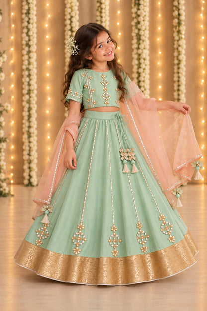Sea-green embroidered Gota lehnga for girls