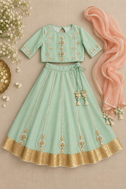 Sea-green embroidered Gota lehnga for girls