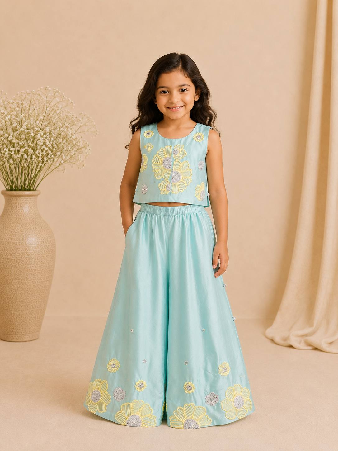 Turquoise floral embroidered co-ord set