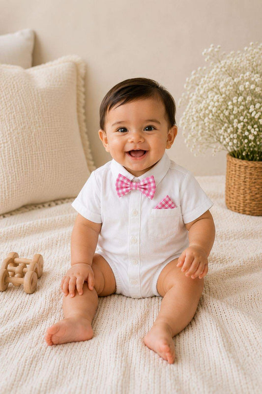 Solid romper with checkered bow tie-1