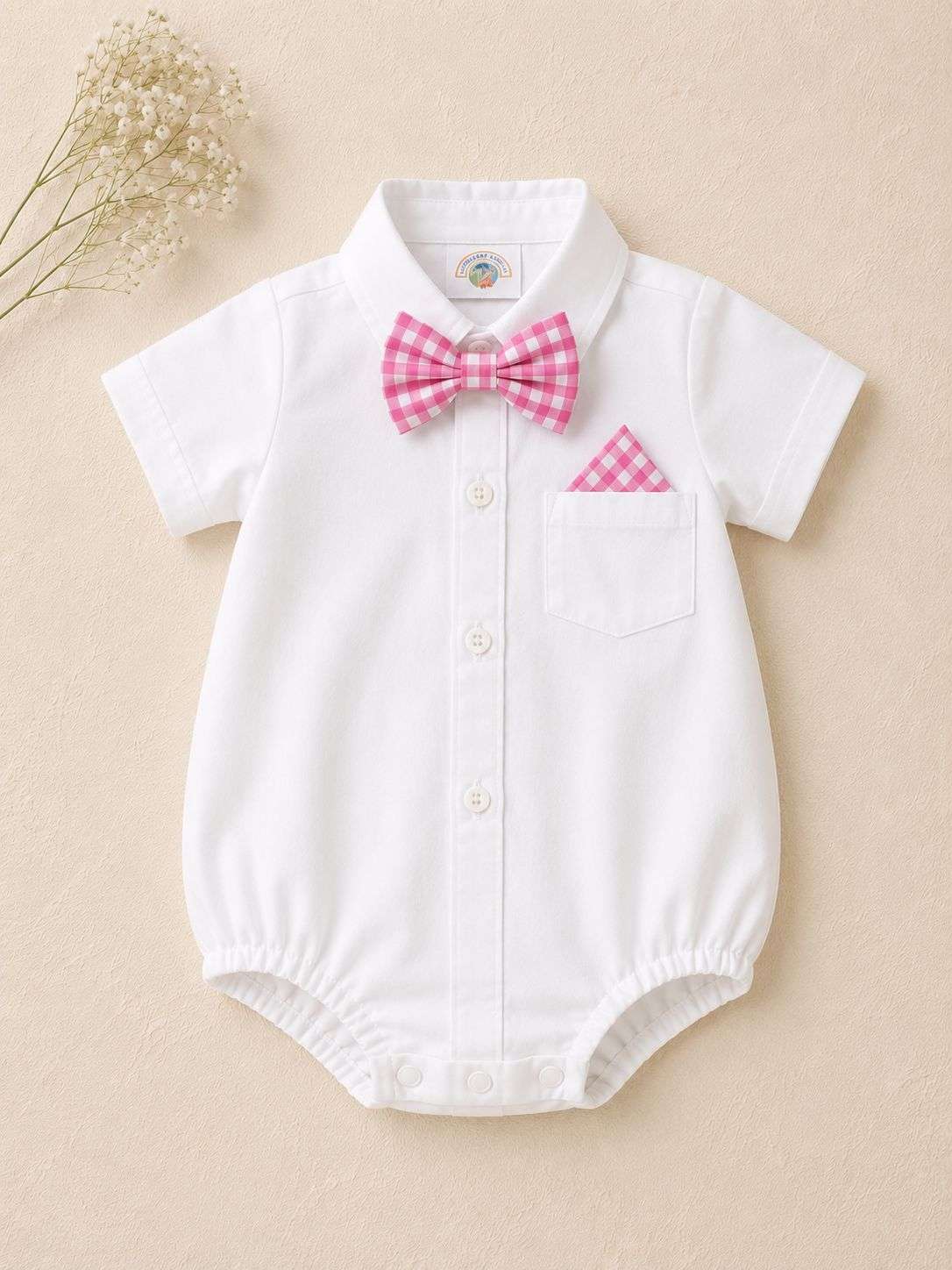 Solid romper with checkered bow tie-2