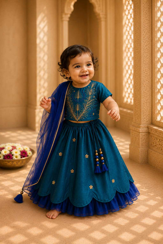 Teal embroidered lehenga set for infant girls