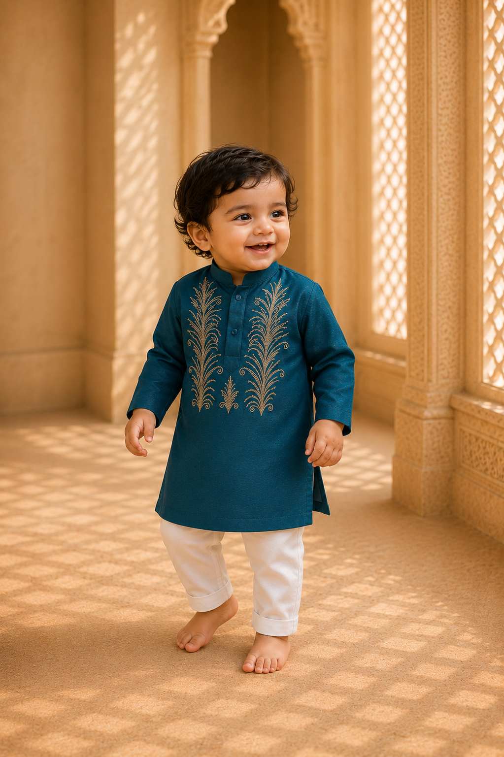 Teal Embroidered kurta set for infant boys