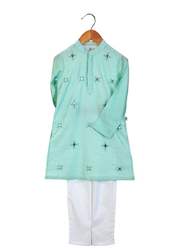 Turquoise mirror embroidered kurta set for infant boys
