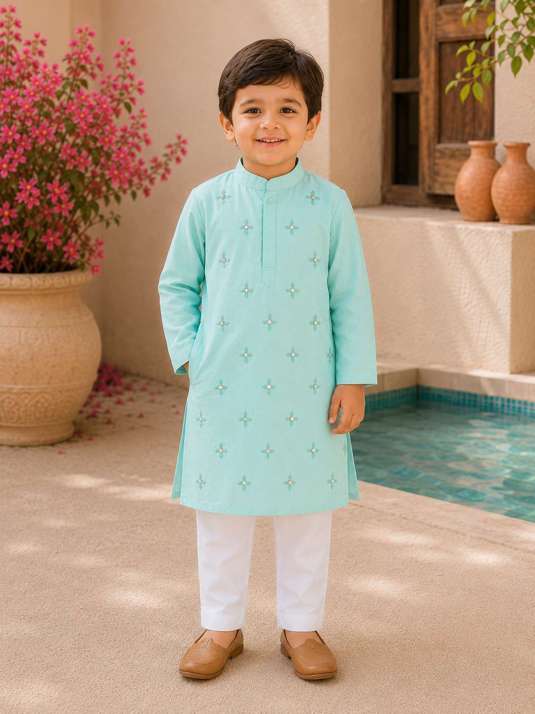 Turquoise mirror embroidery kurta set for boys