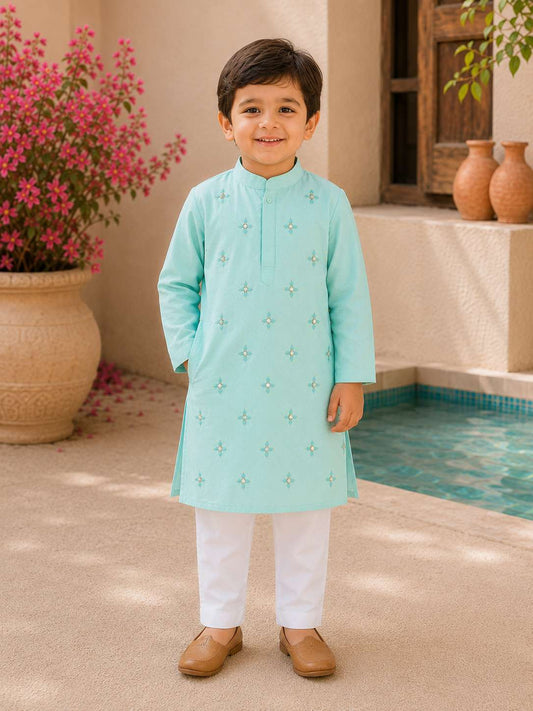 Turquoise mirror embroidery kurta set for boys
