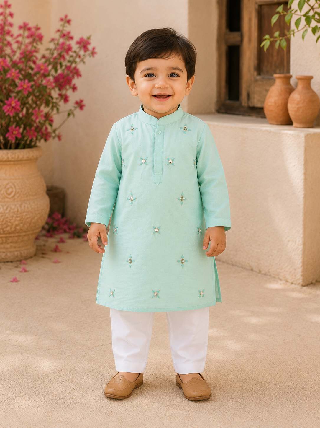 Turquoise mirror embroidered kurta set for infant boys