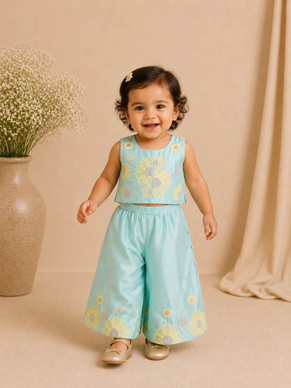 Turquoise floral embroidered infant girls co ord set