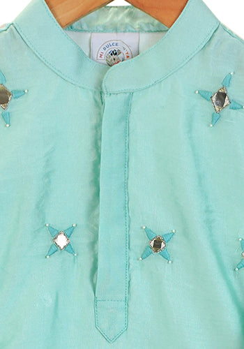 Turquoise mirror embroidered kurta set for infant boys