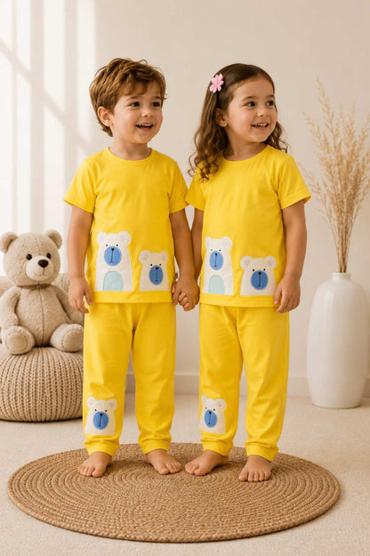 Fluffy embroidered teddy nightsuit- gender neutral