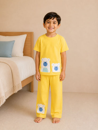 Fluffy embroidered teddy nightsuit- gender neutral