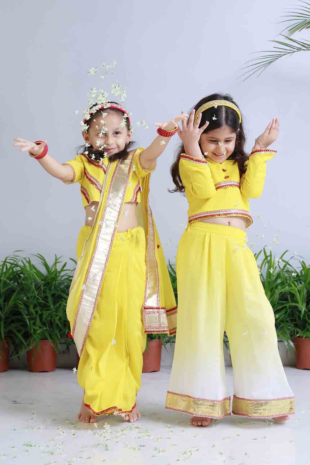 Yellow shaded pre draped sari