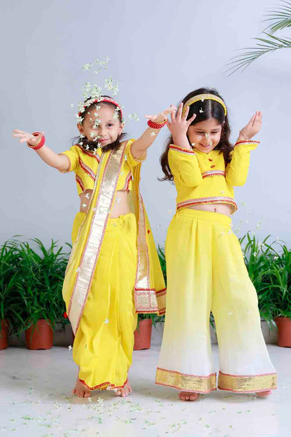Yellow shaded pre draped sari