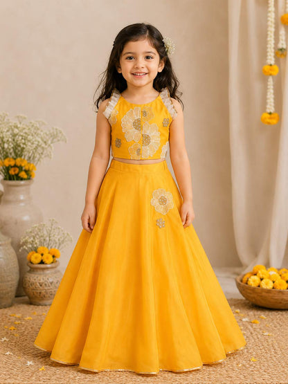Yellow floral embroidered lehnga for girls
